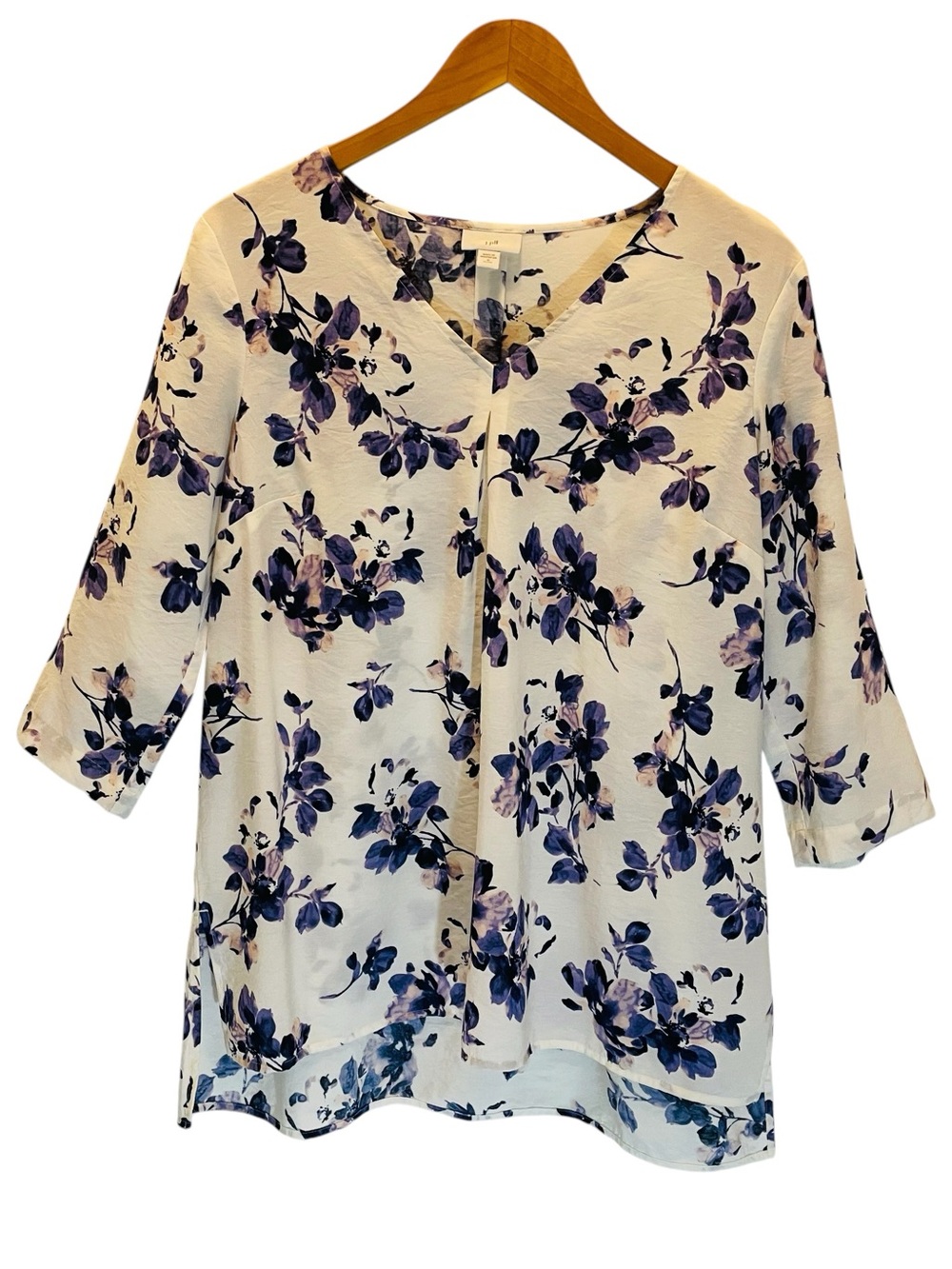 J. Jill Popover Floral V-Neck Top Tunic Purple Watercolor Print 3/4 Sleeve Sz M